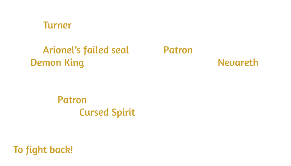 A mysterious object draws the warrior into a parallel world, where Turner reveals a different destiny. There, Arionel’s failed seal allows Patron to AWAKEN as the Demon King, spreading destruction across Nevareth. After defeating his empowered followers, the warrior confronts Patron, who sheds his human form and reveals the monstrous Cursed Spirit within. Now, only one thing remains. To fight back!